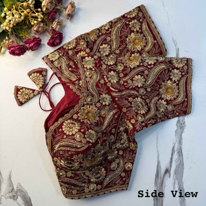 Maroon Pure Soft Italian Silk Heavy Codding Sequins Work Bridal Blouse