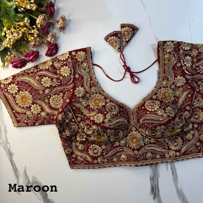 Maroon Pure Soft Italian Silk Heavy Codding Sequins Work Bridal Blouse
