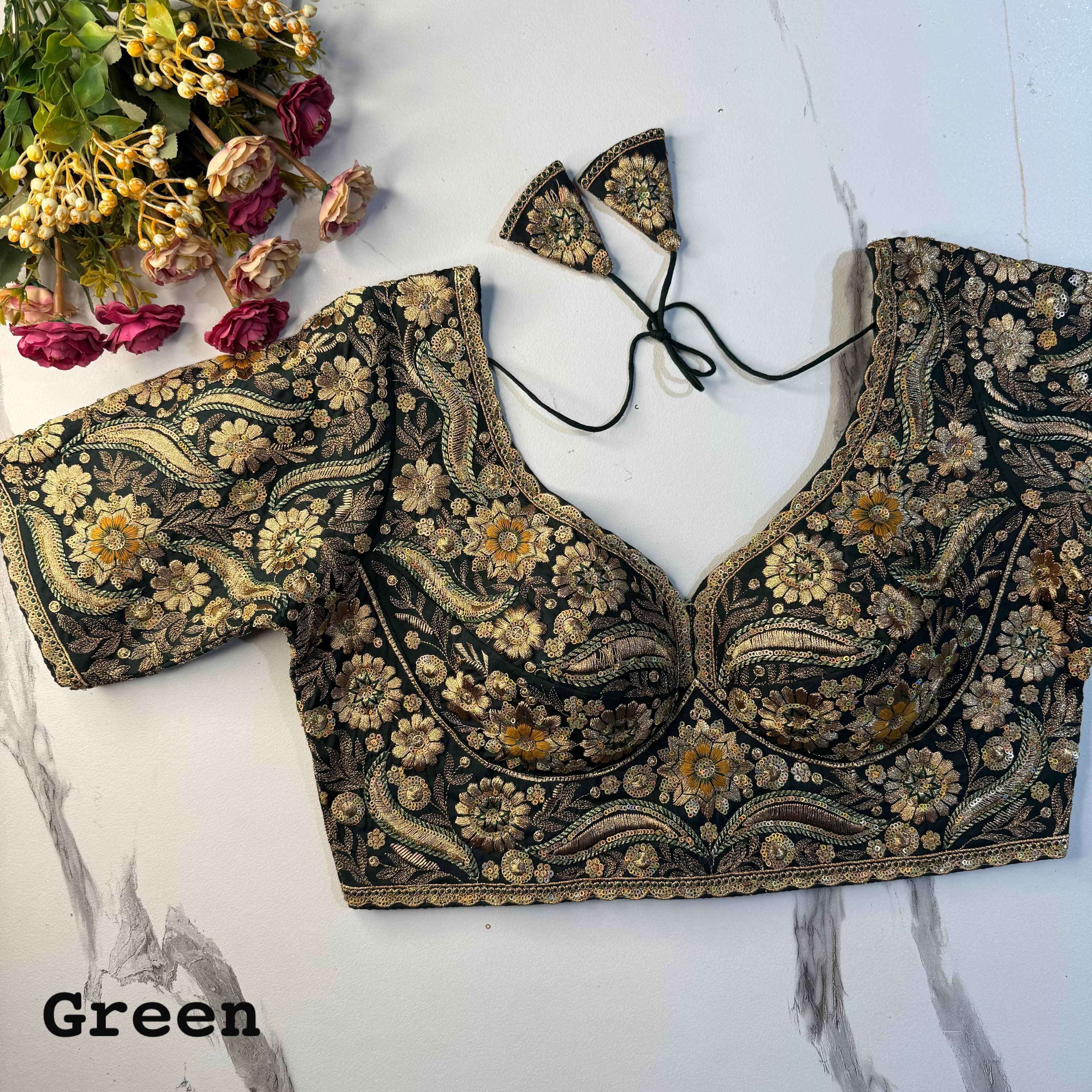 Green Pure Soft Italian Silk Heavy Codding Sequins Work Bridal Blouse