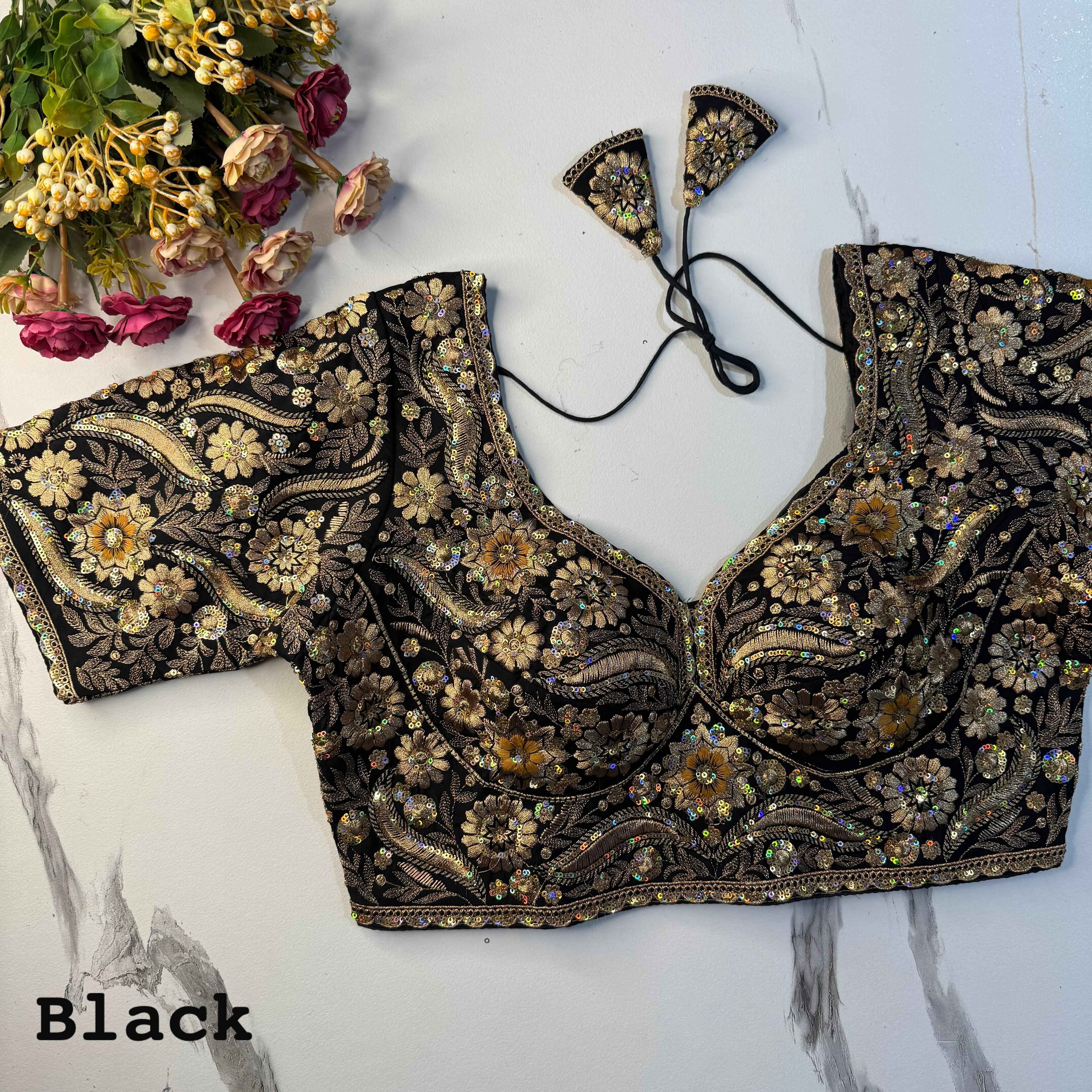Black Pure Soft Italian Silk Heavy Codding Sequins Work Bridal Blouse