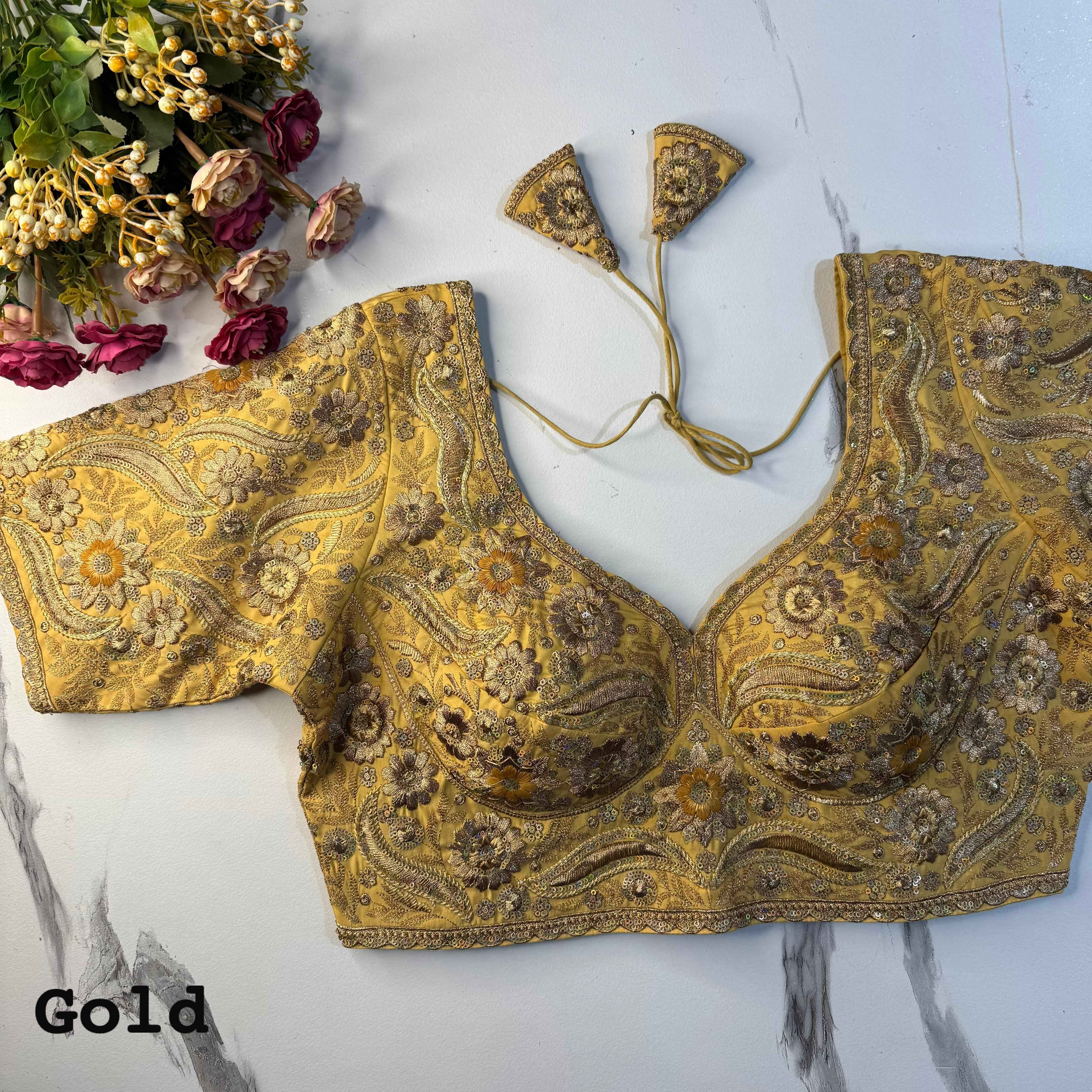 Gold Pure Soft Italian Silk Heavy Codding Sequins Work Bridal Blouse