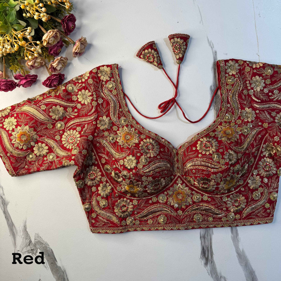 Red Pure Soft Italian Silk Heavy Codding Sequins Work Bridal Blouse