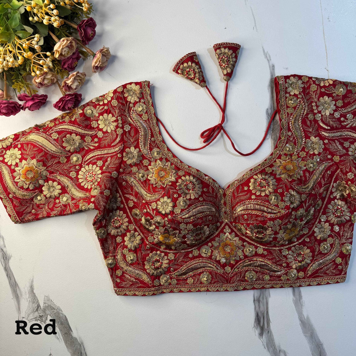 Red Pure Soft Italian Silk Heavy Codding Sequins Work Bridal Blouse