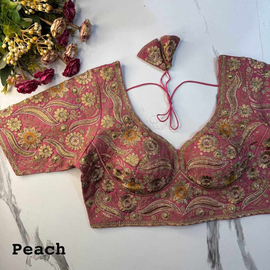 Peach Pure Soft Italian Silk Heavy Codding Sequins Work Bridal Blouse