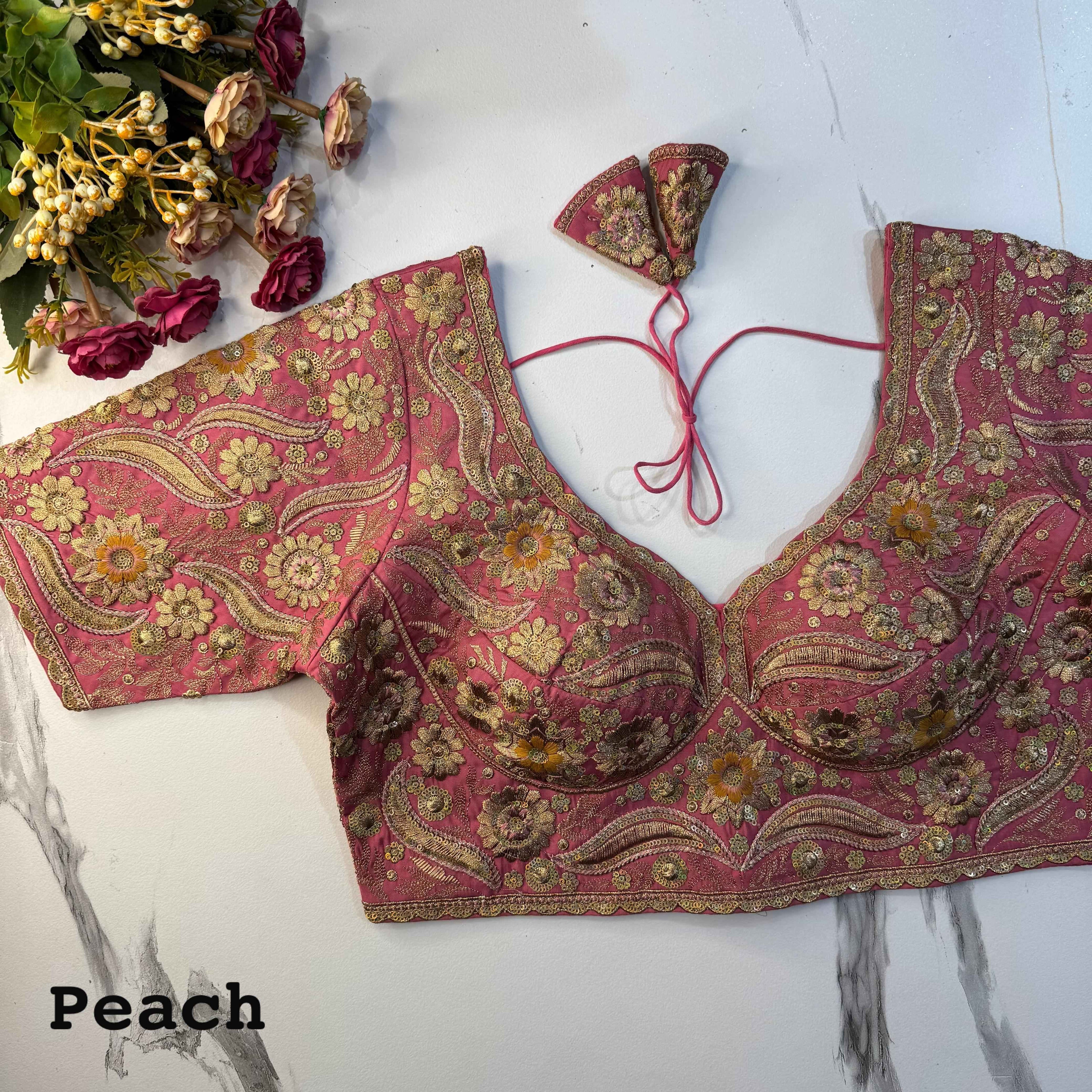 Peach Pure Soft Italian Silk Heavy Codding Sequins Work Bridal Blouse
