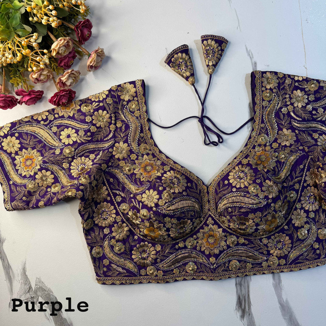 Purple Pure Soft Italian Silk Heavy Codding Sequins Work Bridal Blouse