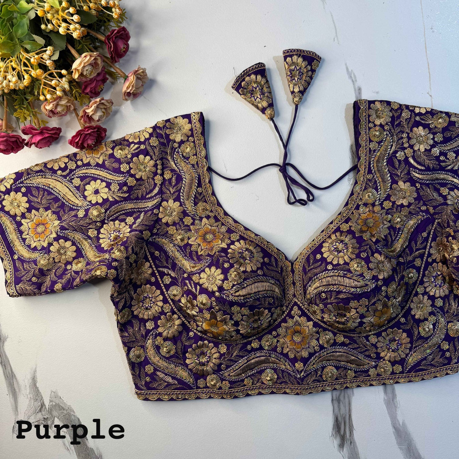 Purple Pure Soft Italian Silk Heavy Codding Sequins Work Bridal Blouse