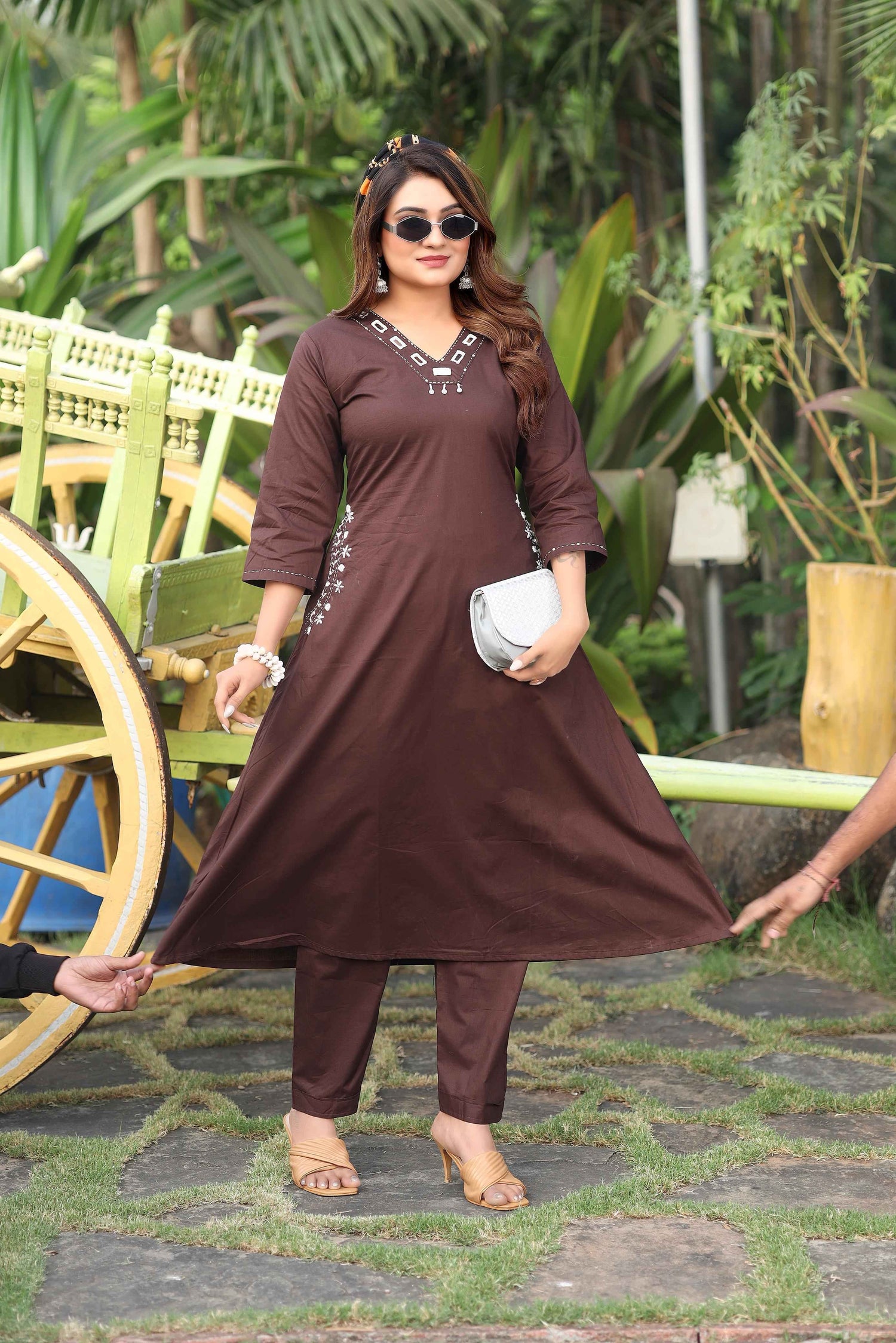 Brown Pure Soft Cotton Block Print With Real Mirror Hand Work Kurti With Pent
