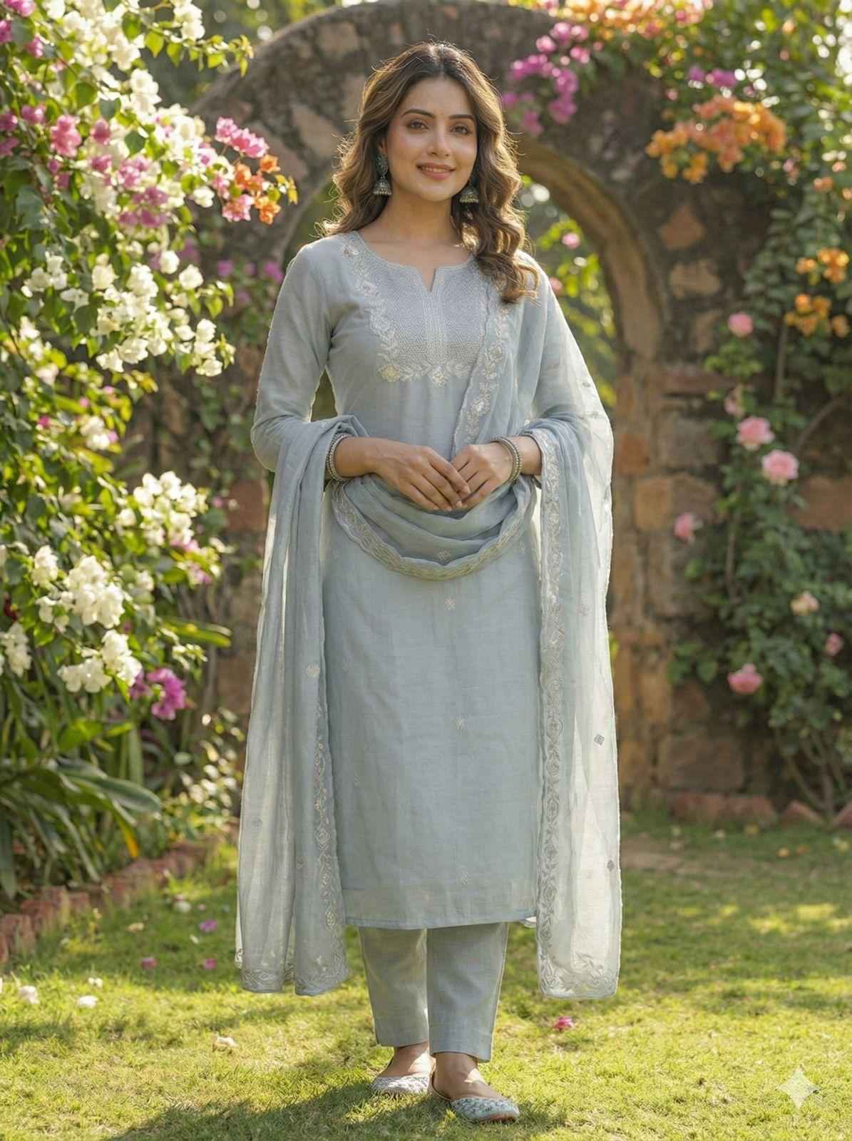 Grey Pure Soft Cotton Block Print With Real Mirror Hand Work Kurti With Pent