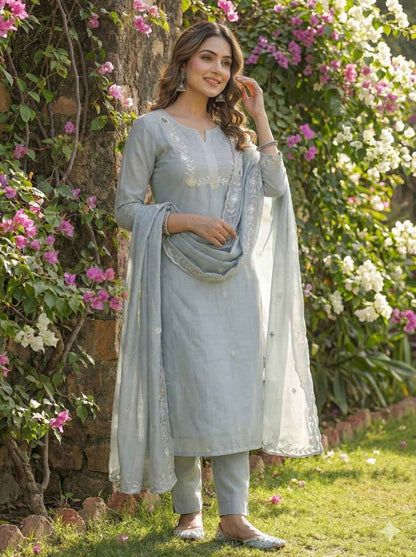 Grey Pure Soft Cotton Block Print With Real Mirror Hand Work Kurti With Pent