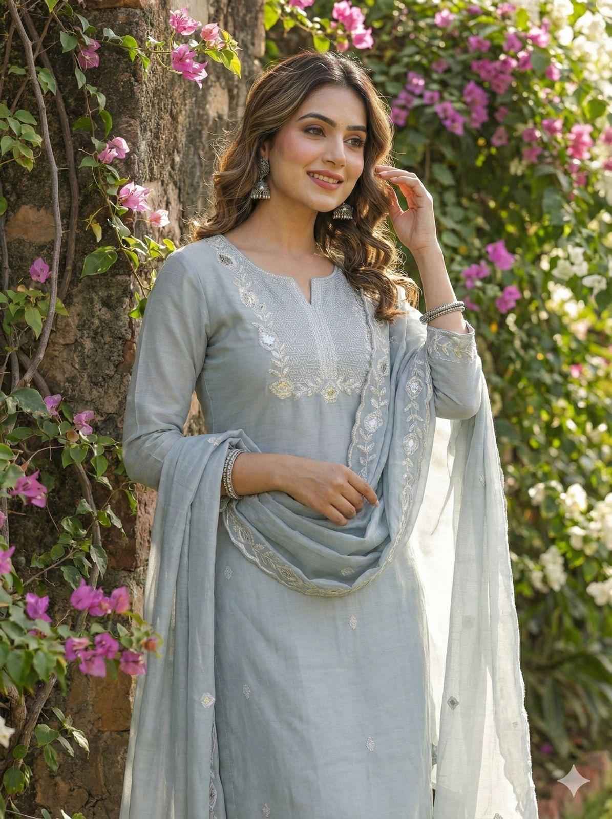 Grey Pure Soft Cotton Block Print With Real Mirror Hand Work Kurti With Pent