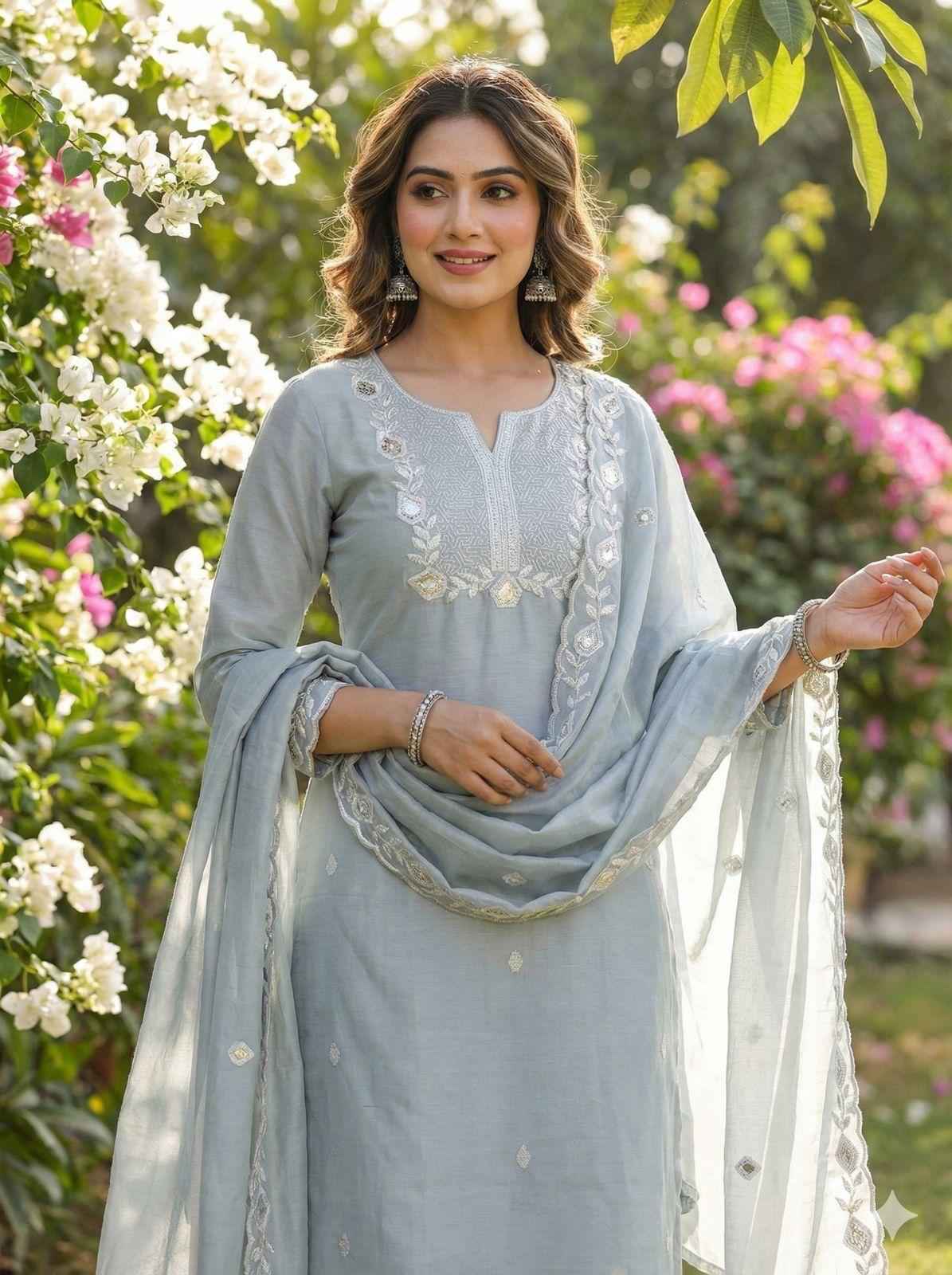 Grey Pure Soft Cotton Block Print With Real Mirror Hand Work Kurti With Pent