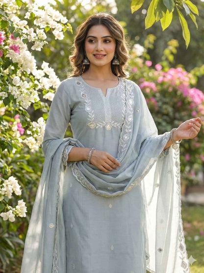 Grey Pure Soft Cotton Block Print With Real Mirror Hand Work Kurti With Pent