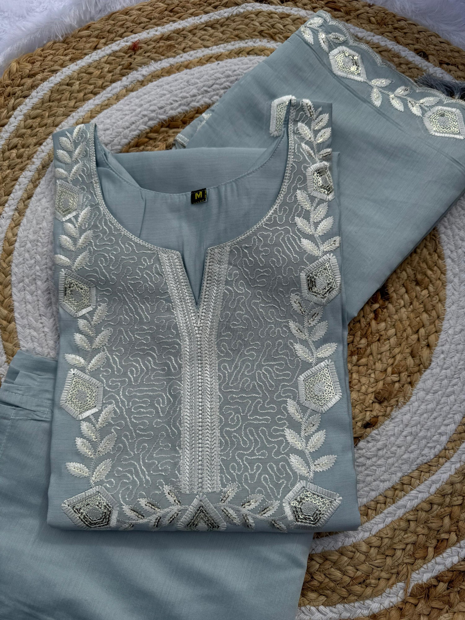 Grey Pure Soft Cotton Block Print With Real Mirror Hand Work Kurti With Pent