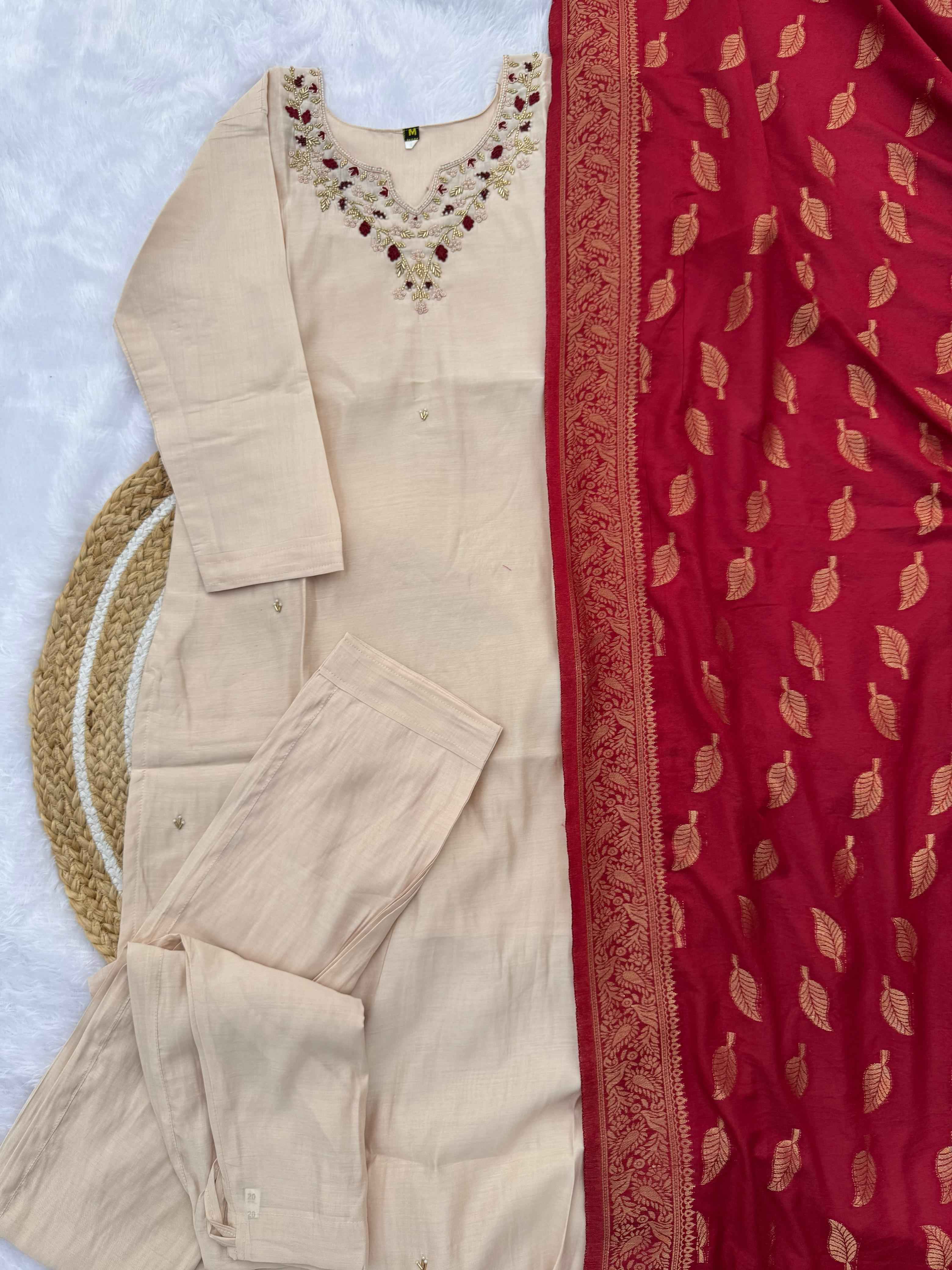 Cream Pure Soft Roman Silk Kurti With Pent