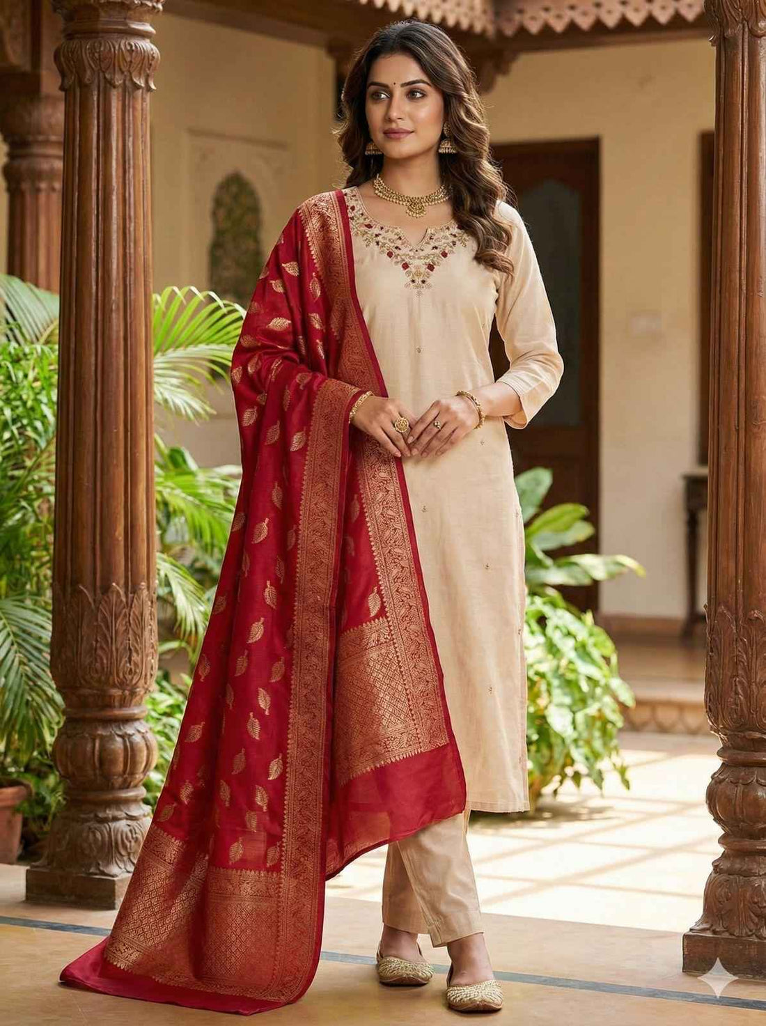 Cream Pure Soft Roman Silk Kurti With Pent