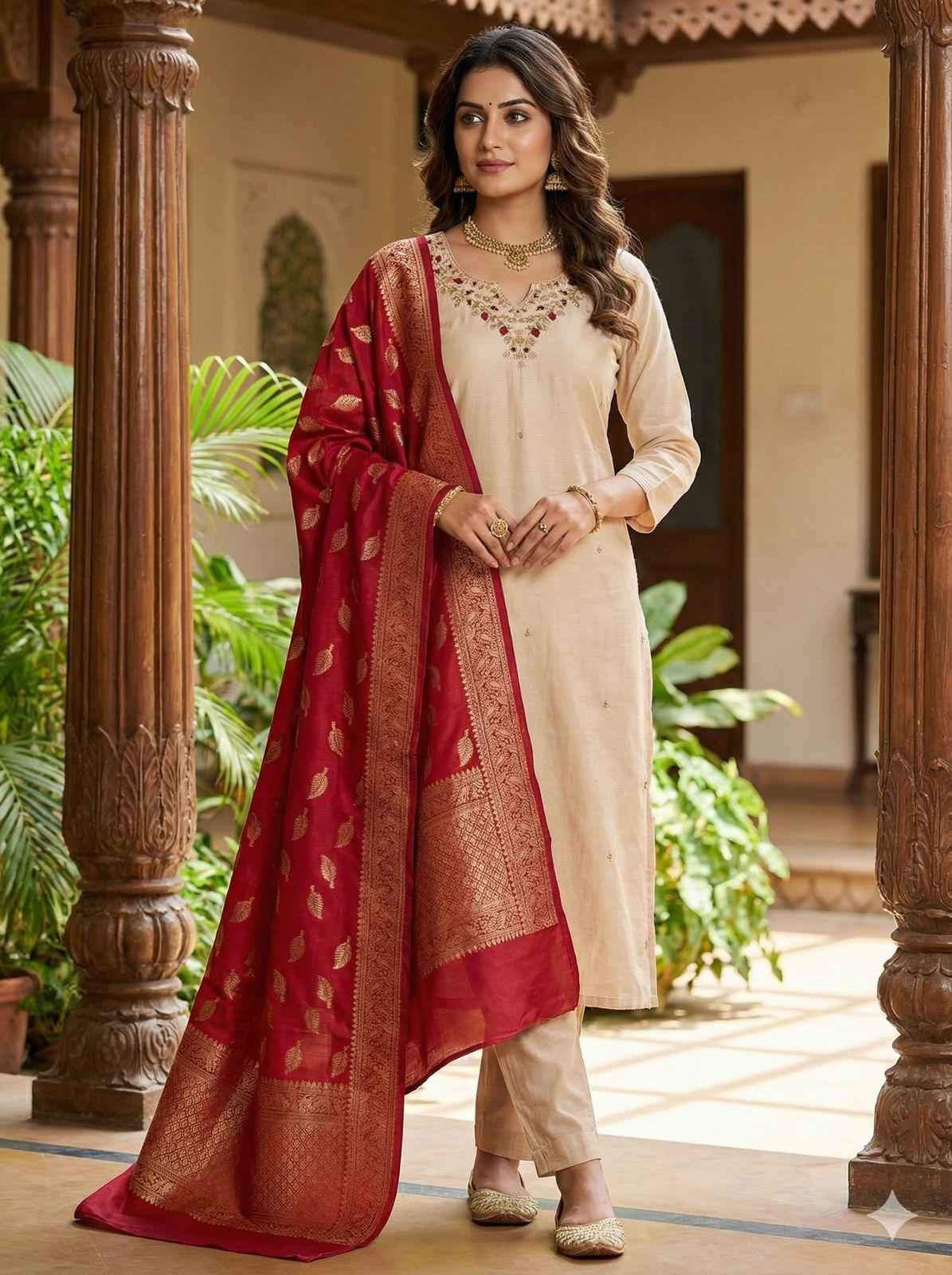 Cream Pure Soft Roman Silk Kurti With Pent