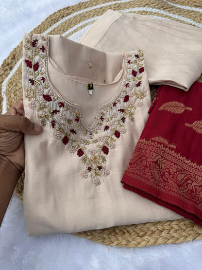 Cream Pure Soft Roman Silk Kurti With Pent