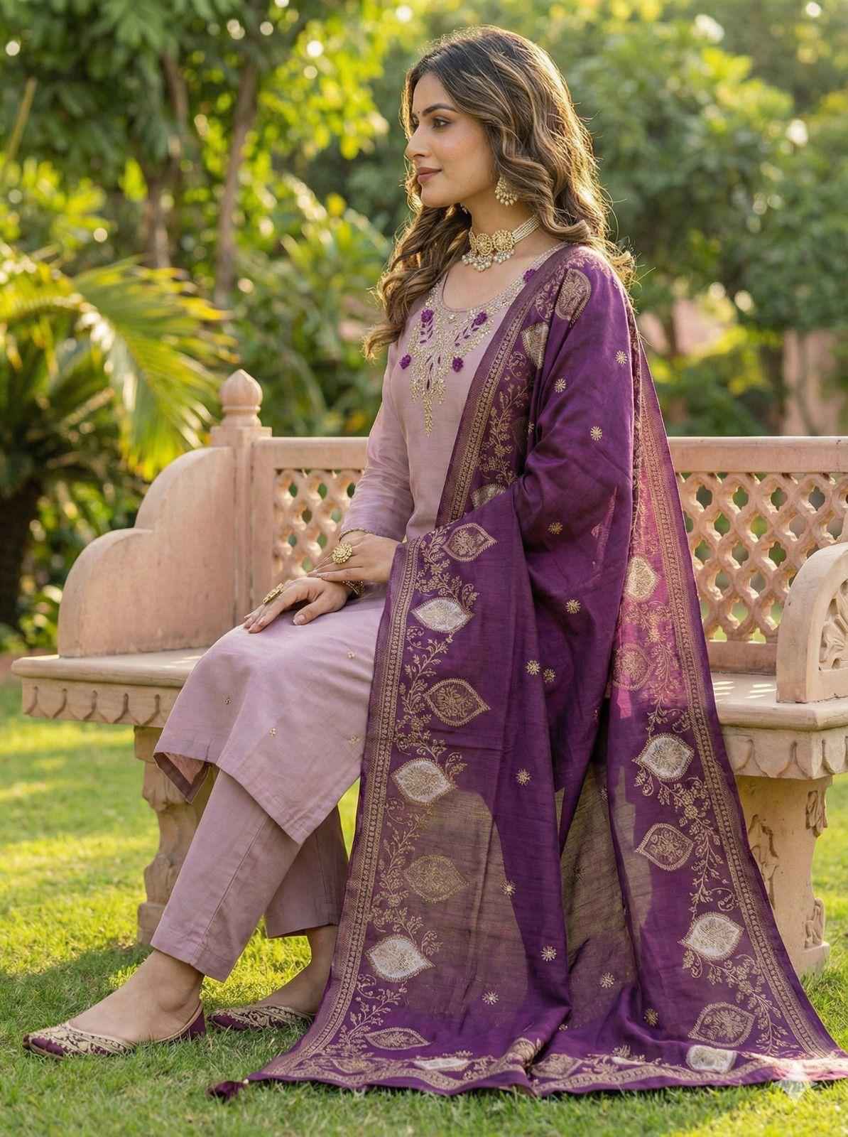 Lavender Pure Soft Roman Silk Kurti With Pent