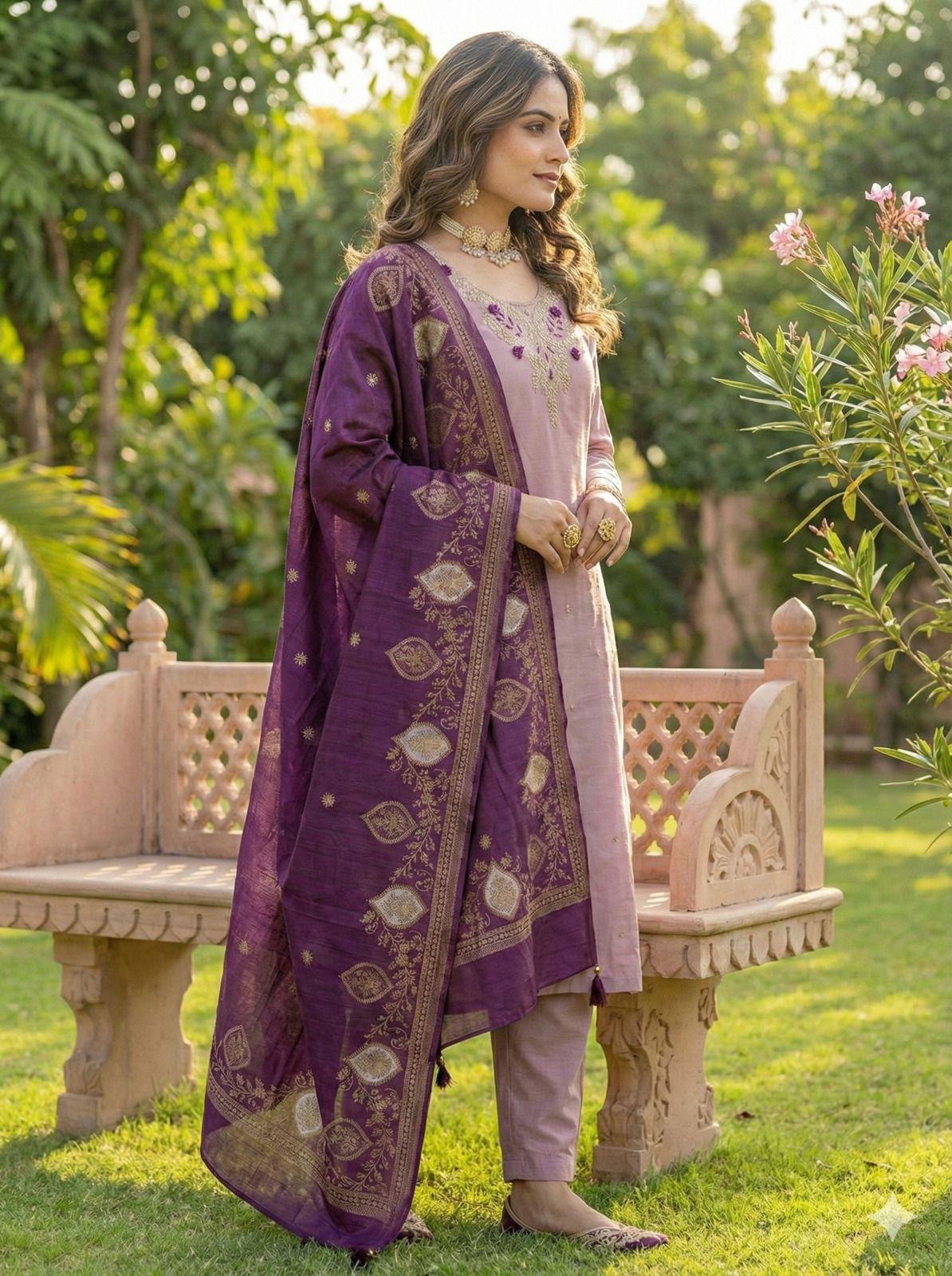 Lavender Pure Soft Roman Silk Kurti With Pent