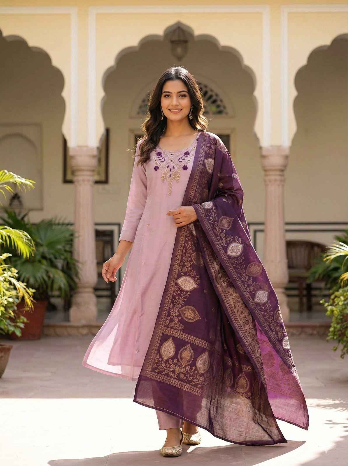 Lavender Pure Soft Roman Silk Kurti With Pent