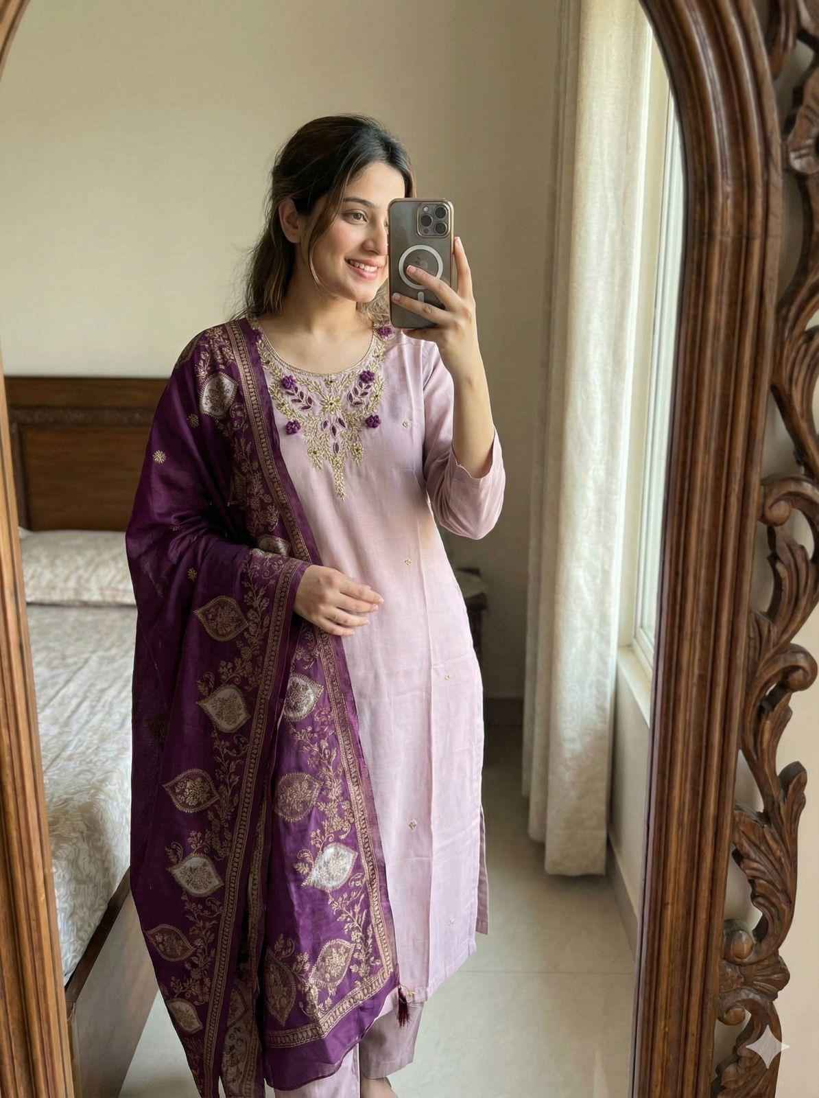 Lavender Pure Soft Roman Silk Kurti With Pent