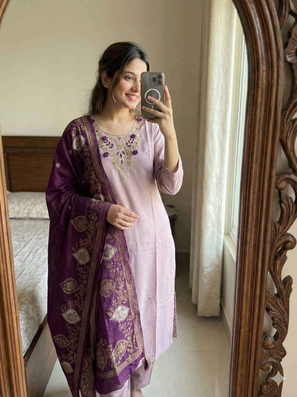 Lavender Pure Soft Roman Silk Kurti With Pent