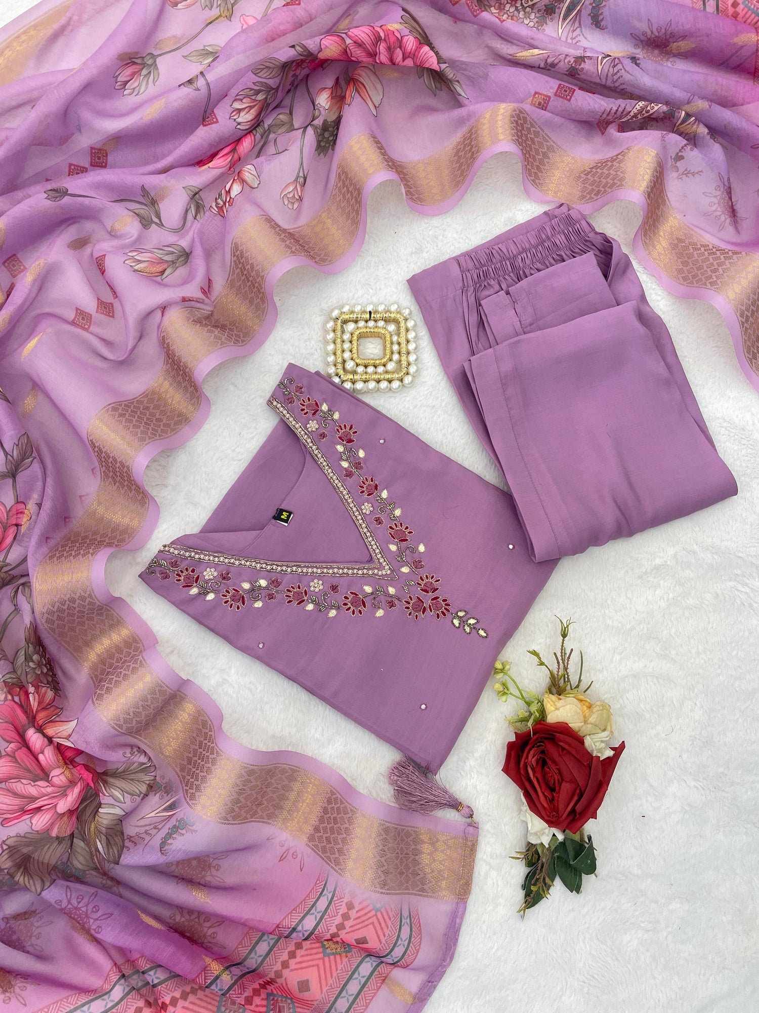 Lavender Pure Soft Roman Silk Kurti With Pent