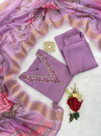 Lavender Pure Soft Roman Silk Kurti With Pent