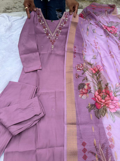 Lavender Pure Soft Roman Silk Kurti With Pent