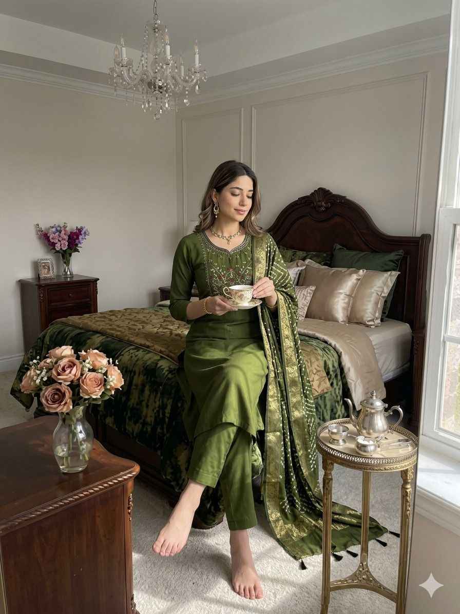 Green Pure Soft Roman Silk Hand Work Kurti With Pent