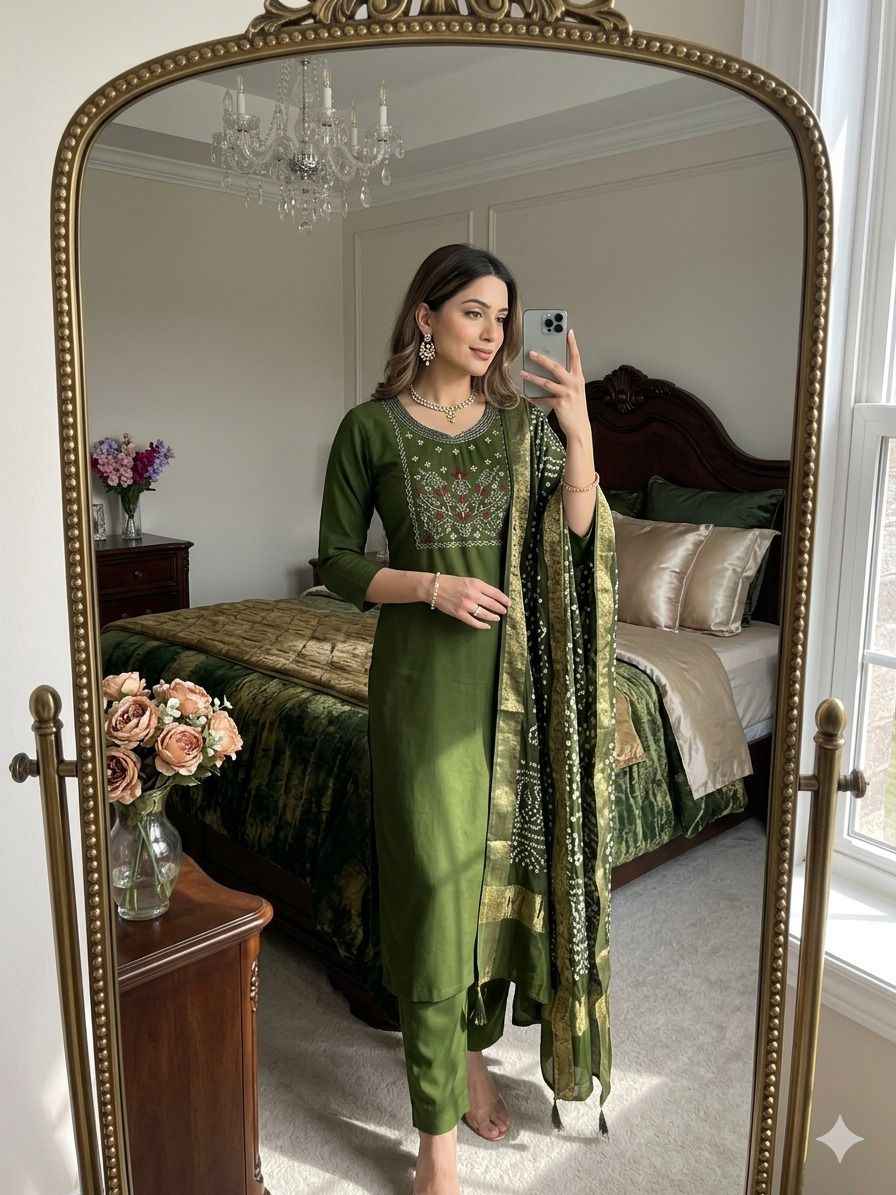 Green Pure Soft Roman Silk Hand Work Kurti With Pent