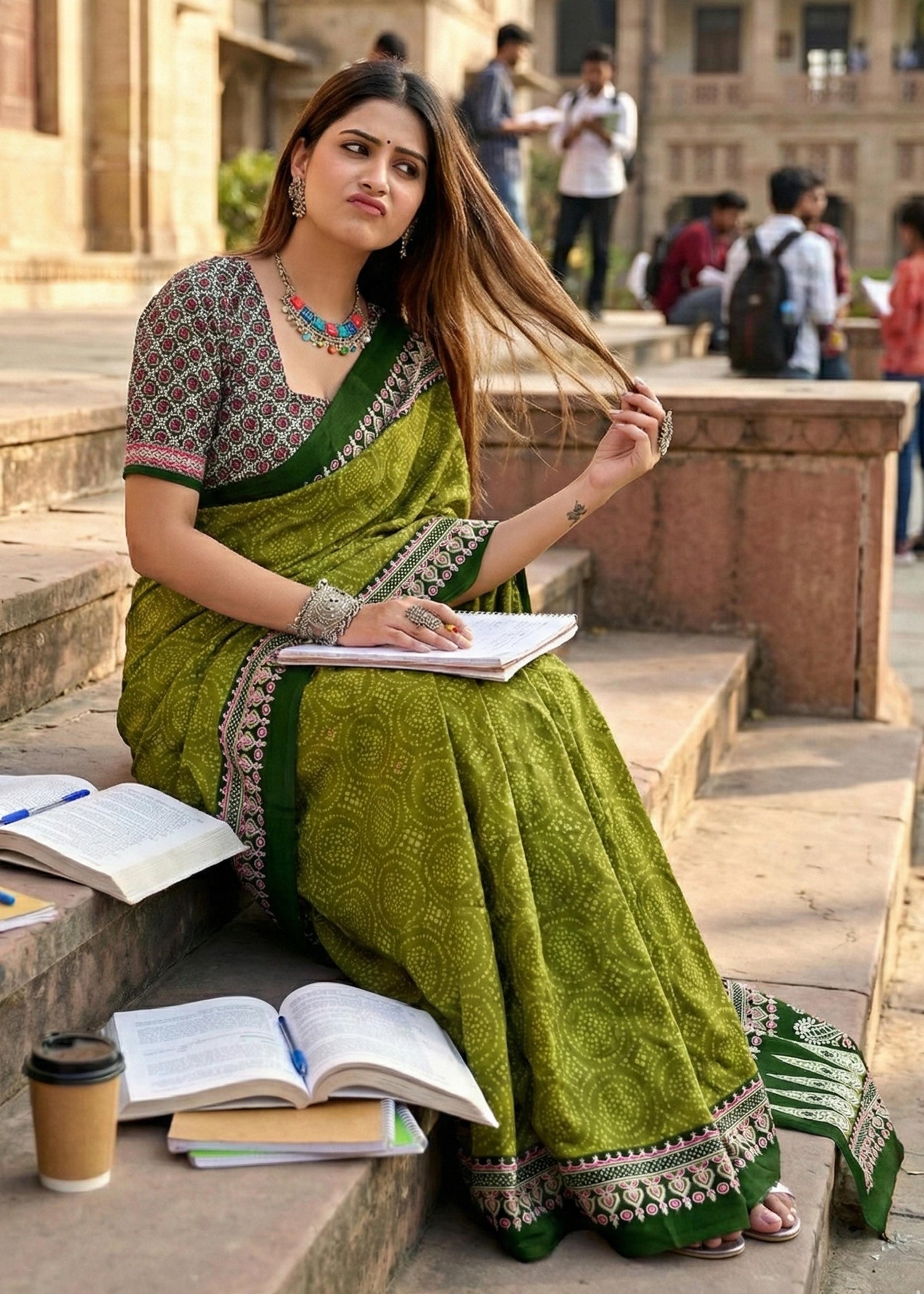 Green Soft Malmal Bandhani Print Cotton Saree