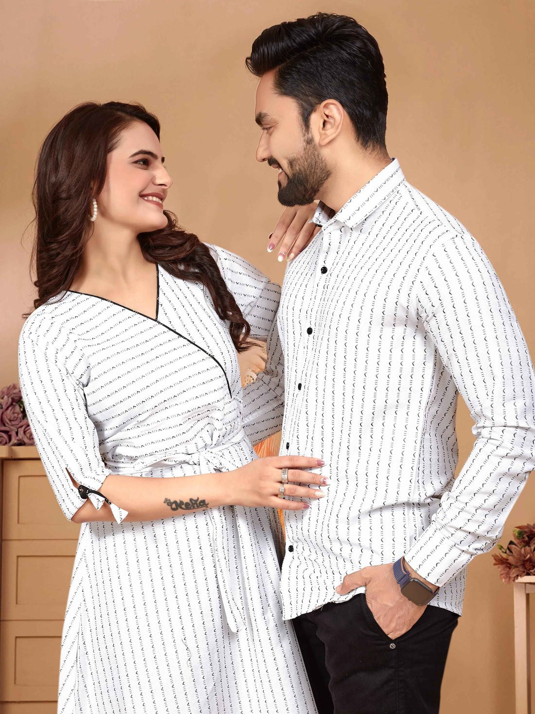 White Pure Soft Cotton Printed Shirt &amp; Tunic Matching Both Couple Combo
