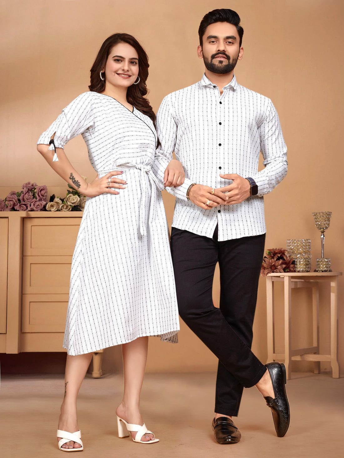 White Pure Soft Cotton Printed Shirt &amp; Tunic Matching Both Couple Combo