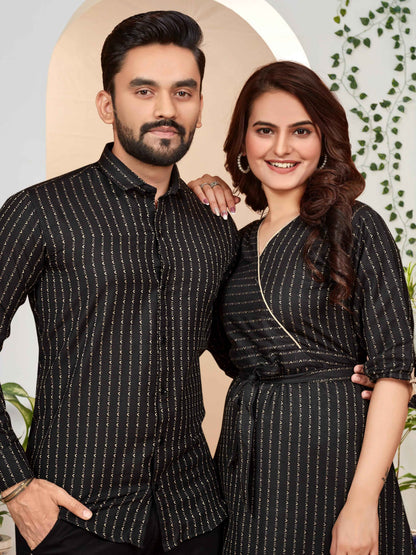 Black Pure Soft Cotton Printed Shirt &amp; Tunic Matching Both Couple Combo