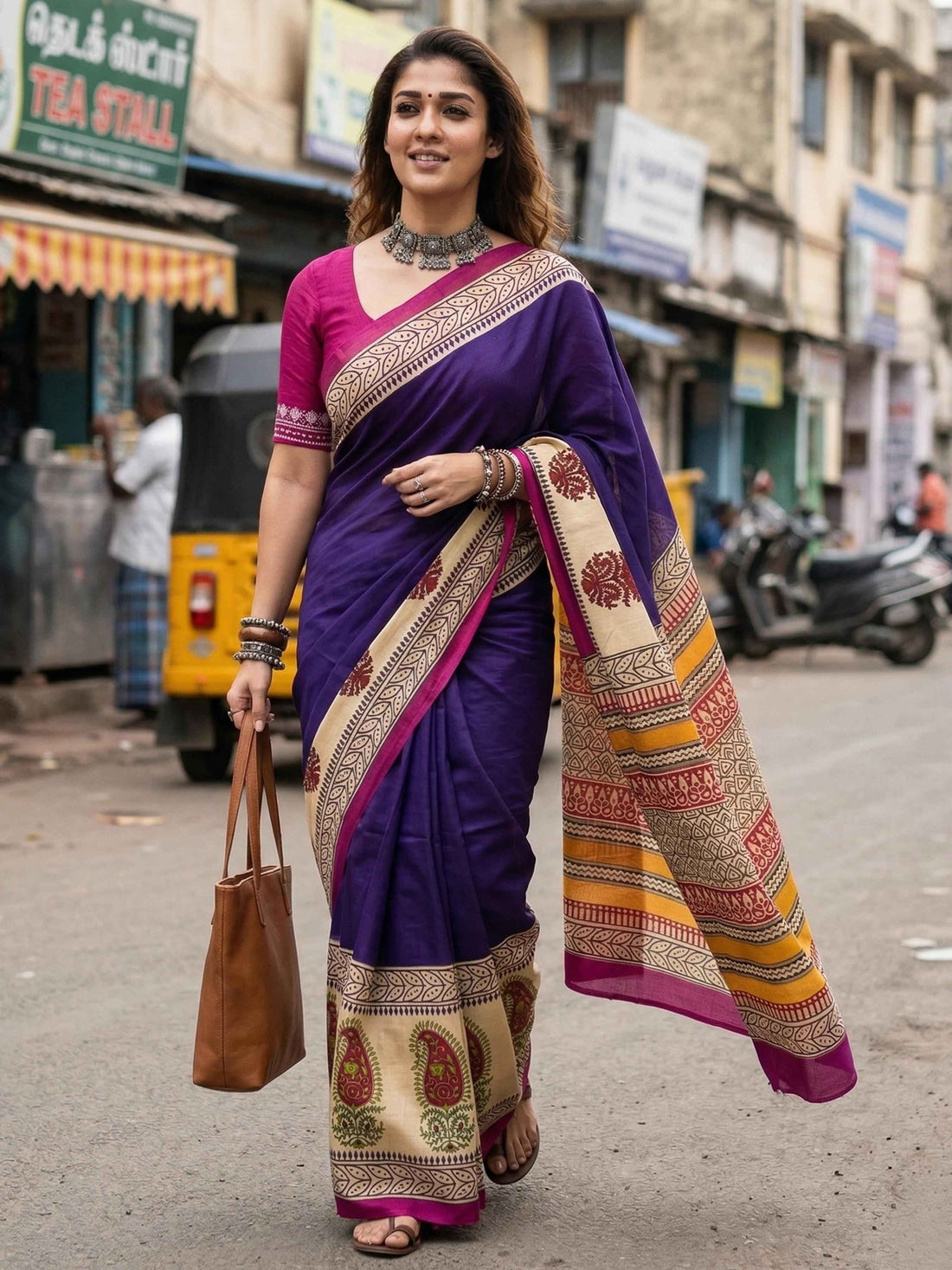 Purple Soft Malmal Cotton Ajrakh Hand Block Print Cotton Saree