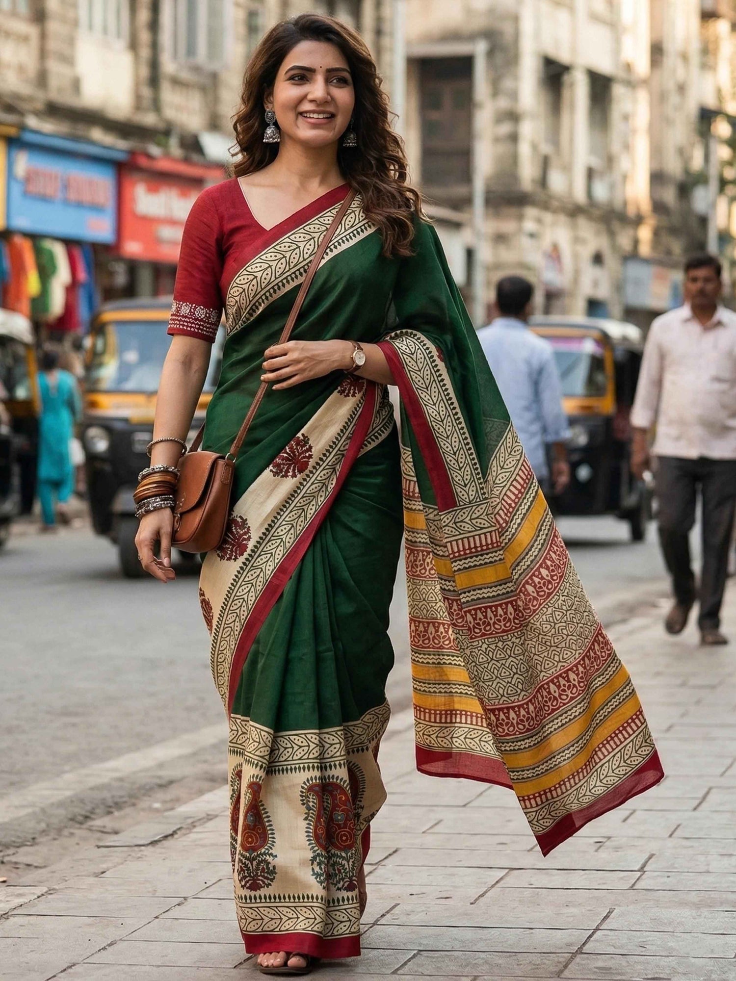 Green Soft Malmal Cotton Ajrakh Hand Block Print Cotton Saree