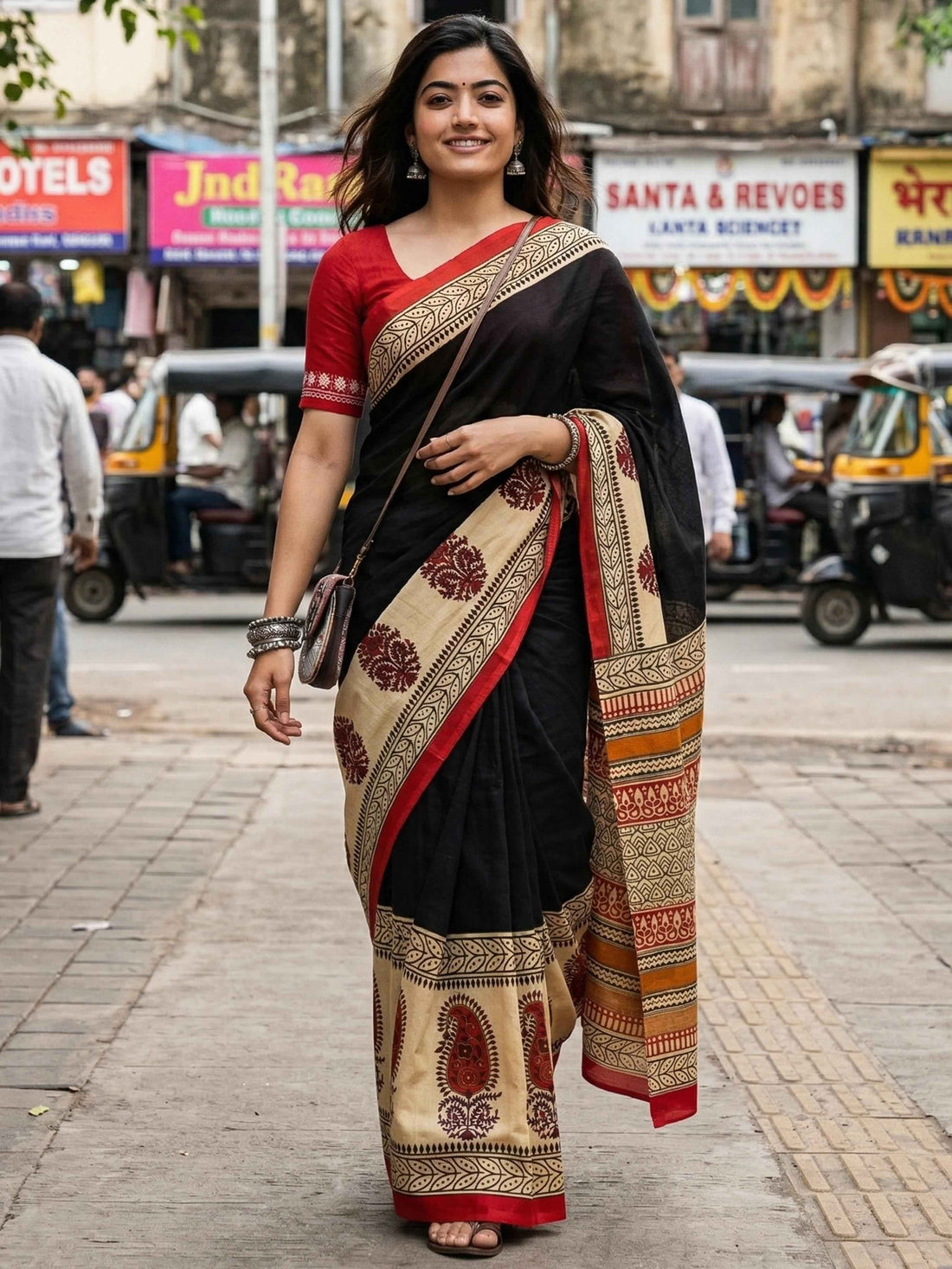 Black Soft Malmal Cotton Ajrakh Hand Block Print Cotton Saree