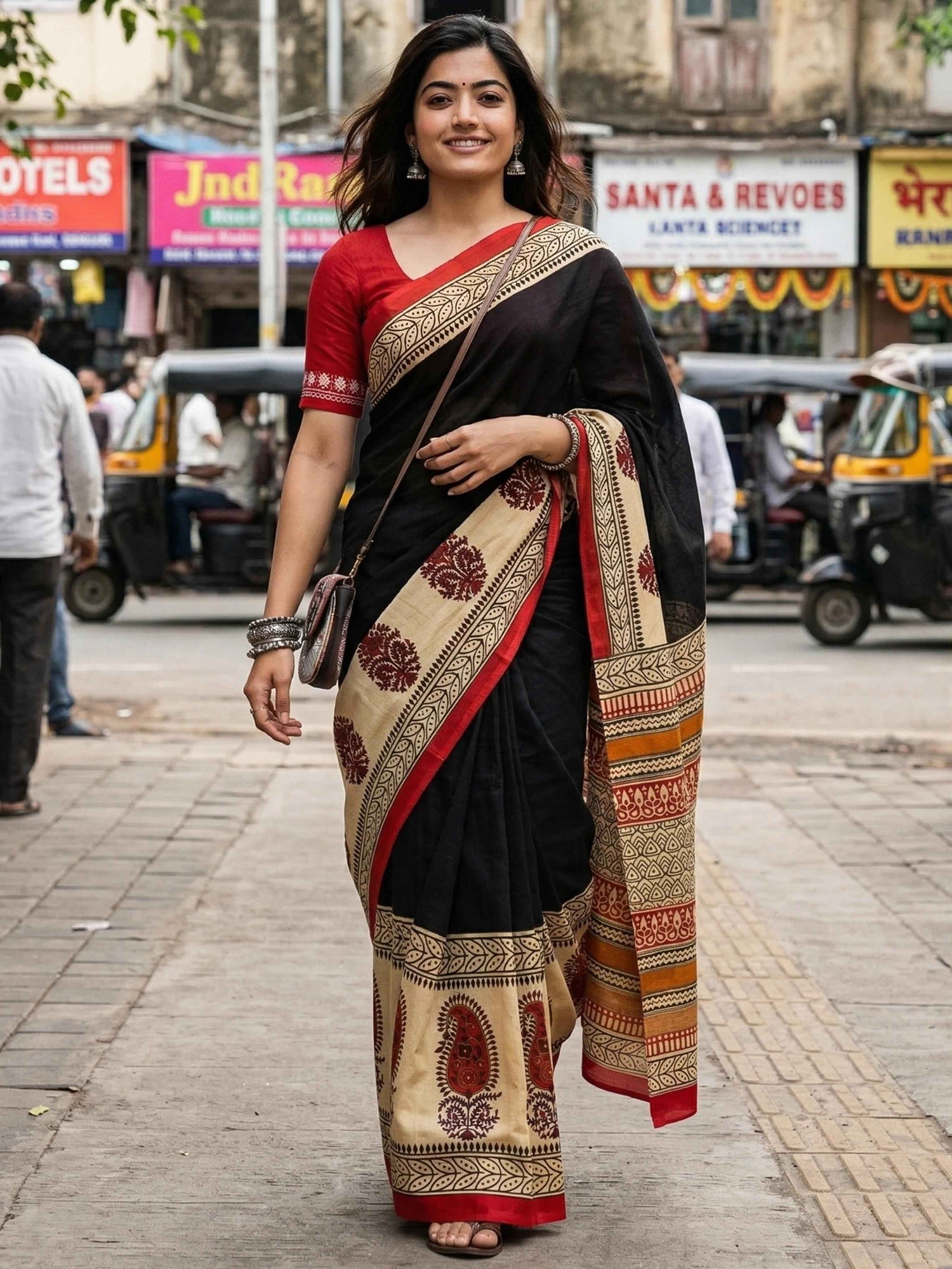 Black Soft Malmal Cotton Ajrakh Hand Block Print Cotton Saree