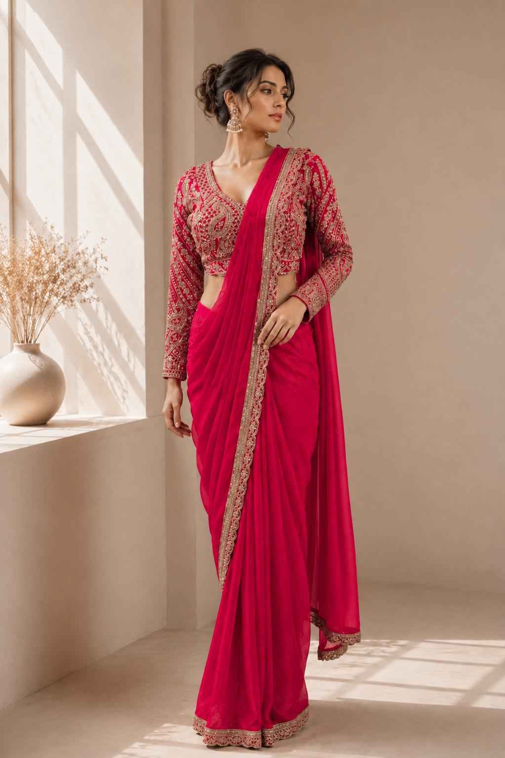 Red Pure Imported Fendi Silk Ready to Wear Saree