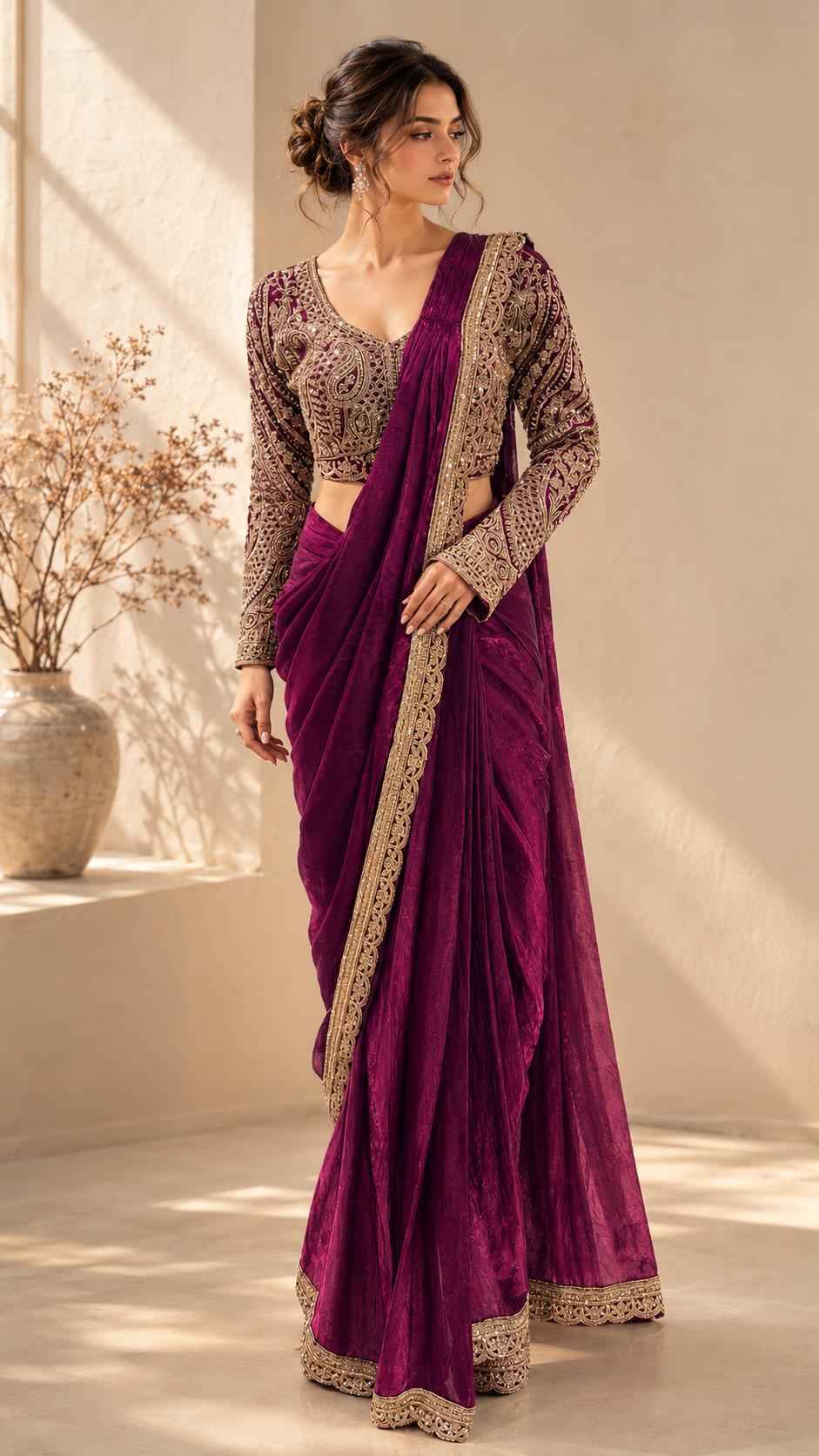 Maroon Pure Imported Fendi Silk Ready to Wear Saree
