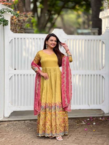 Cream Pure Soft Silk Blend Kalamkari Print Anarkali Gown