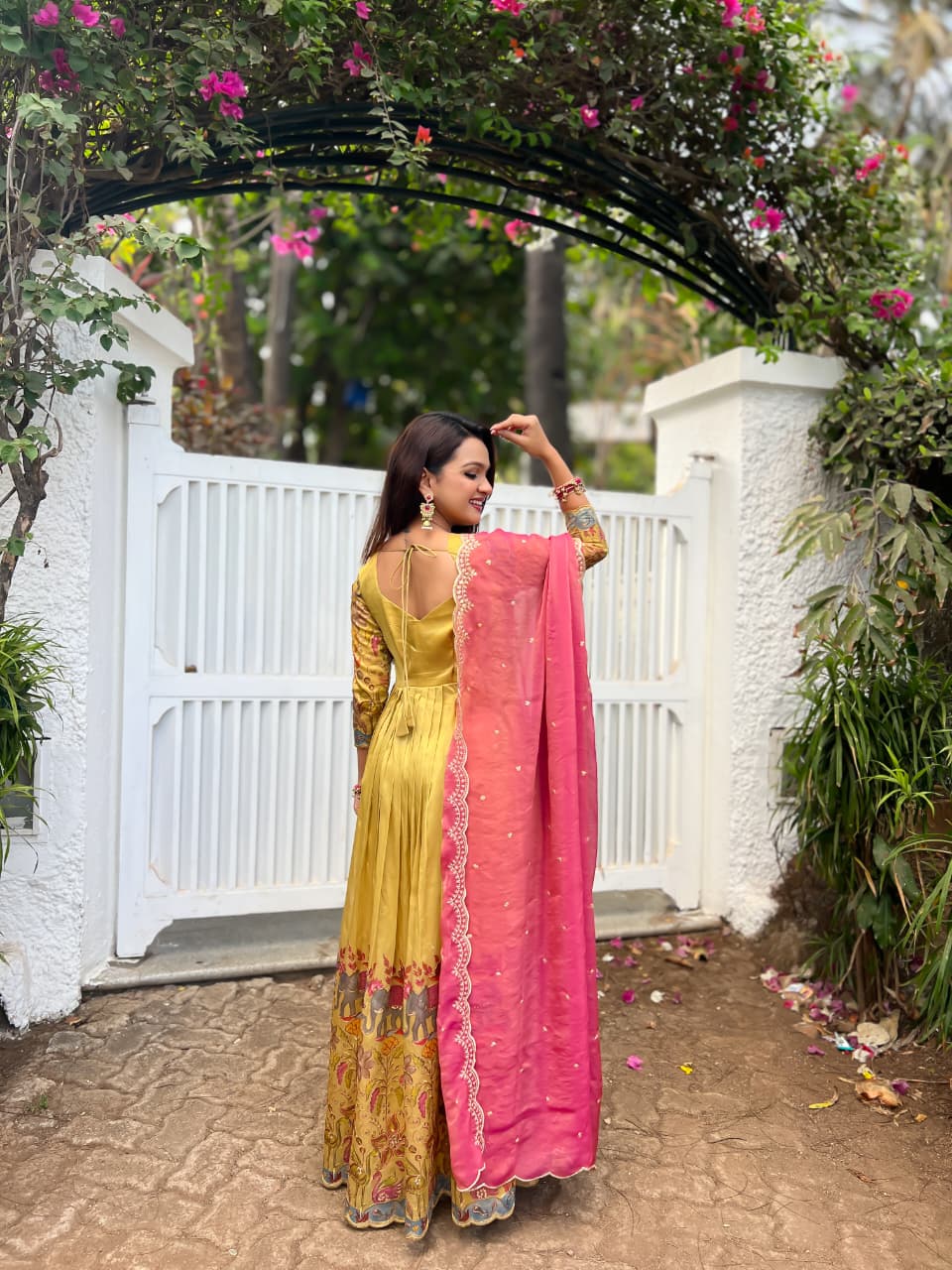 Cream Pure Soft Silk Blend Kalamkari Print Anarkali Gown