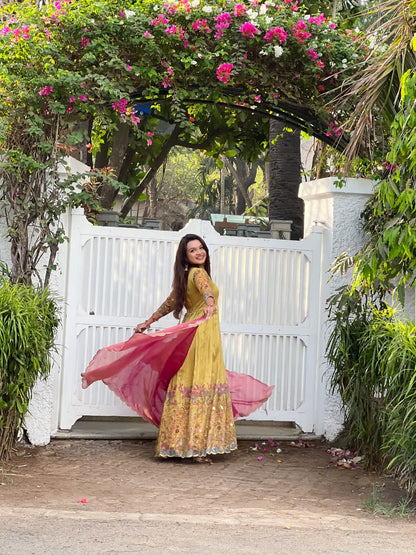Cream Pure Soft Silk Blend Kalamkari Print Anarkali Gown