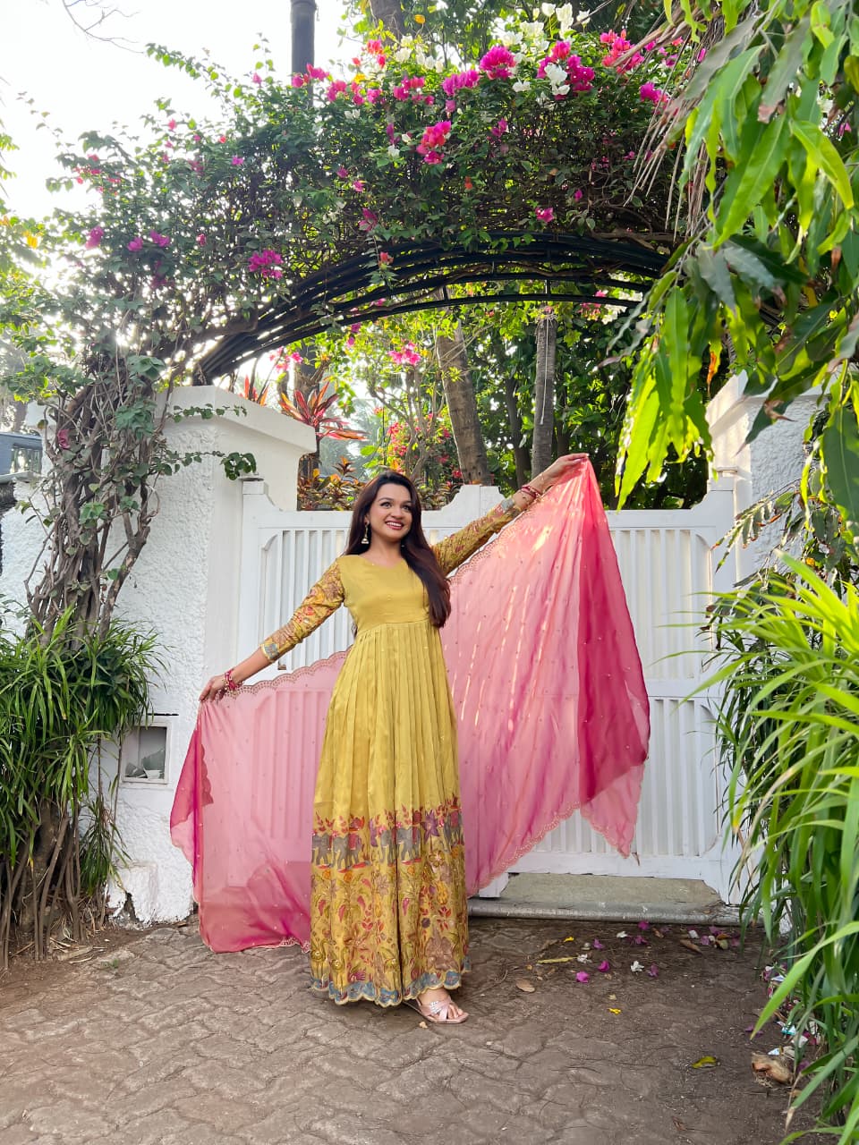 Cream Pure Soft Silk Blend Kalamkari Print Anarkali Gown