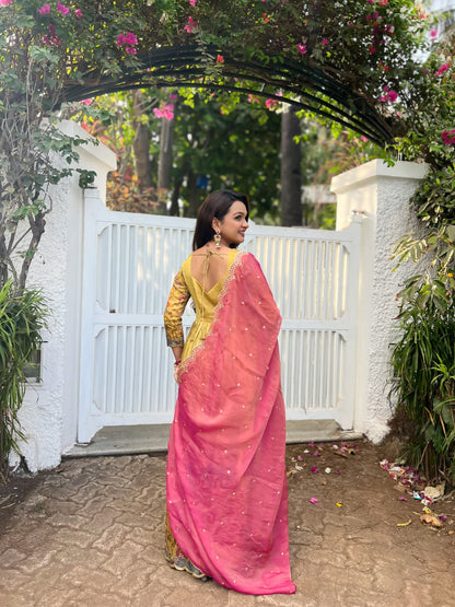 Cream Pure Soft Silk Blend Kalamkari Print Anarkali Gown