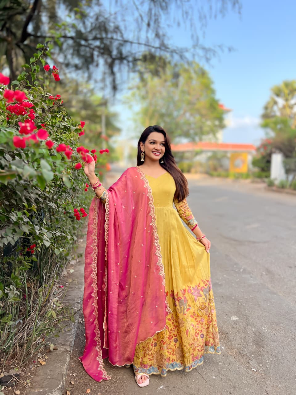 Cream Pure Soft Silk Blend Kalamkari Print Anarkali Gown