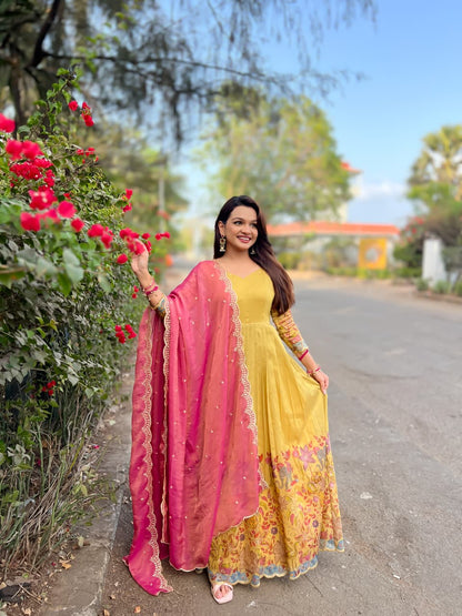 Cream Pure Soft Silk Blend Kalamkari Print Anarkali Gown