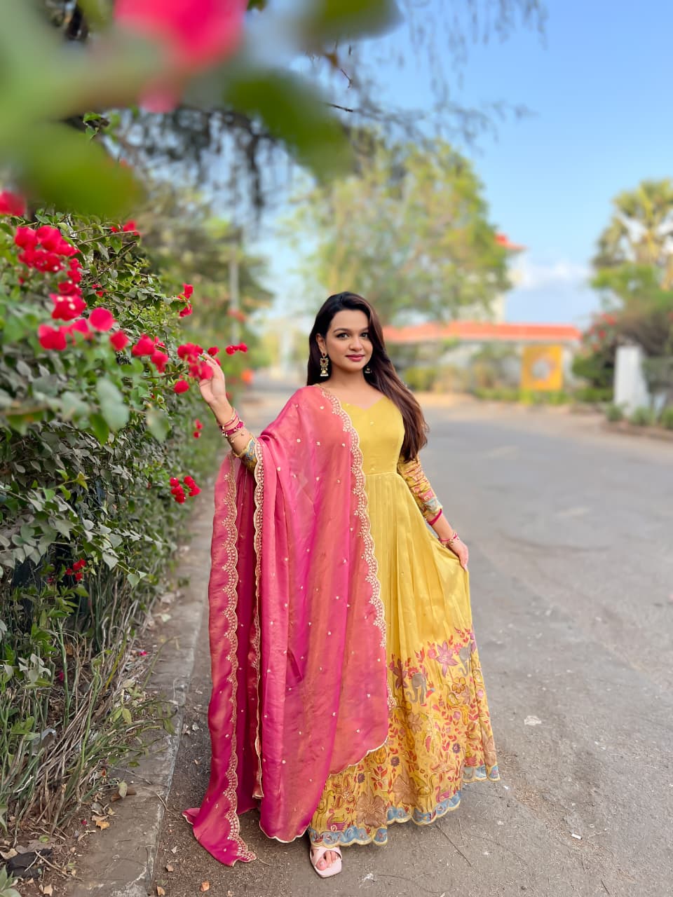 Cream Pure Soft Silk Blend Kalamkari Print Anarkali Gown